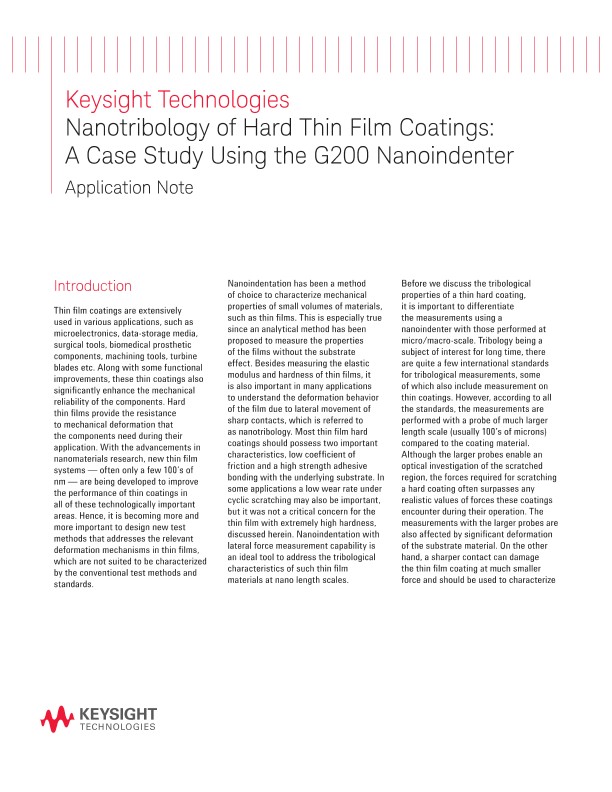 Nanotribology of Hard Thin Film Coatings: A Case Study Using the G200 Nanoindenter