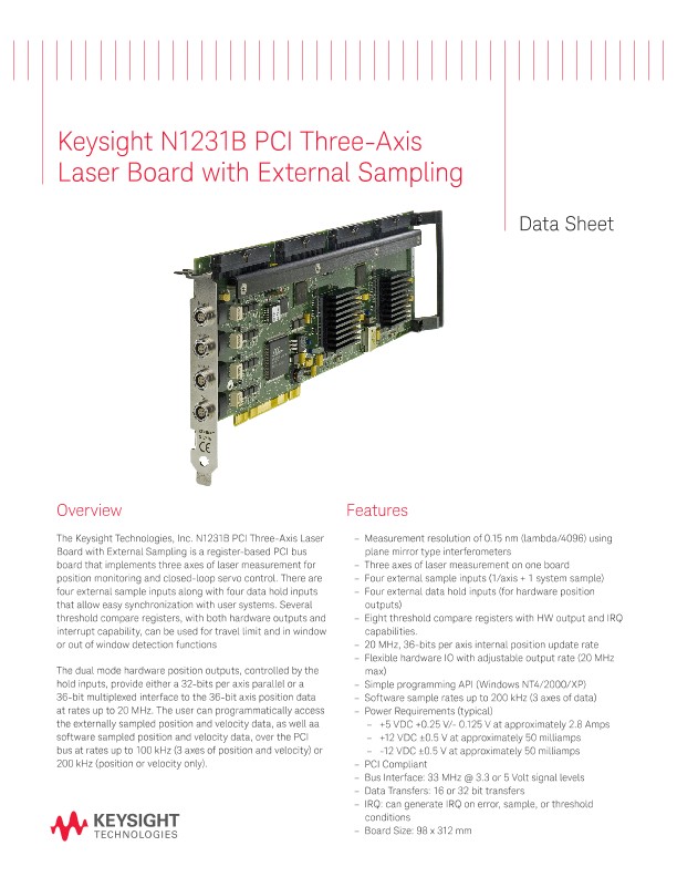 N1231B PCI Three-Axis Laser Board with External Sampling