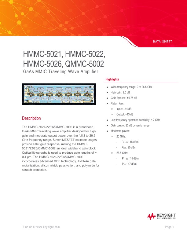 HMMC-5021, HMMC-5022, HMMC-5026, and QMMC-5002 GaAs MMIC Traveling Wave Amplifier