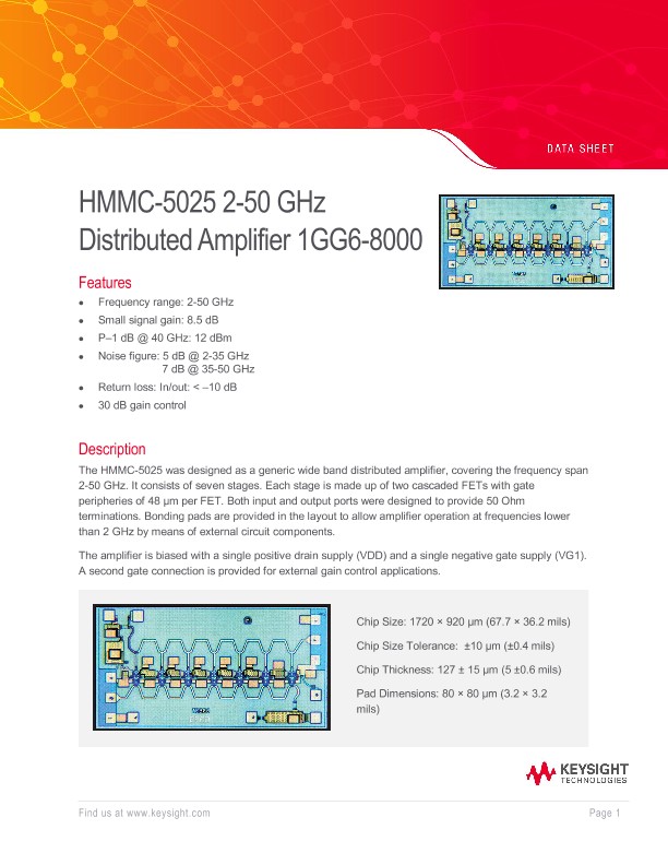 HMMC-5025 2-50 GHz Distributed Amplifier 1GG6-8000 