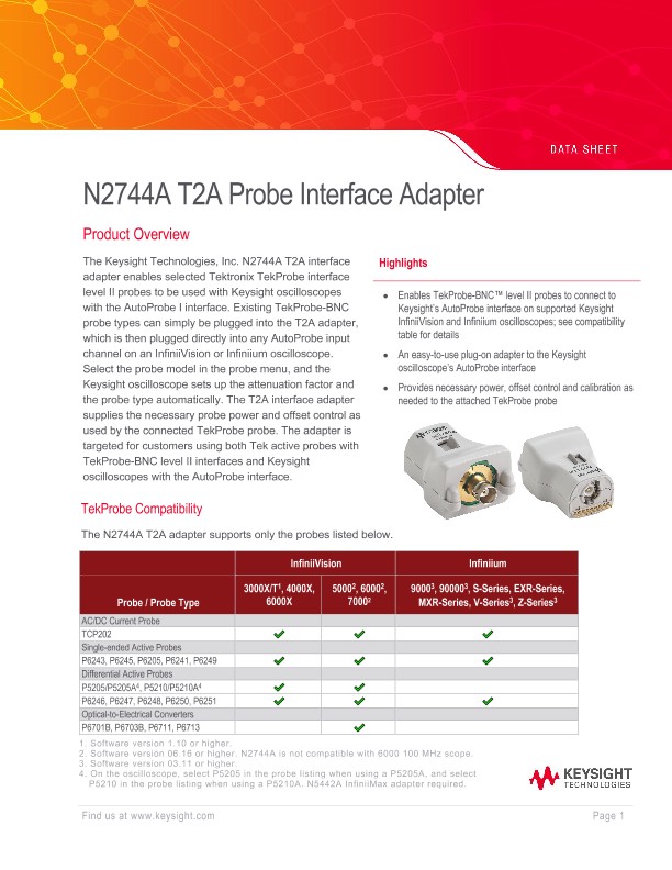 N2744A T2A Probe Interface Adapter