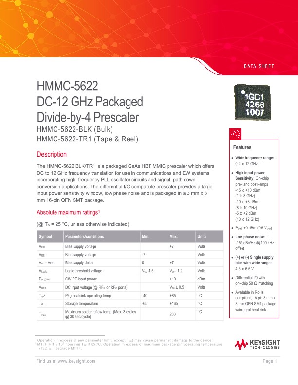 HMMC-5622 DC-12 GHz Packaged Divide-by-4 Prescaler