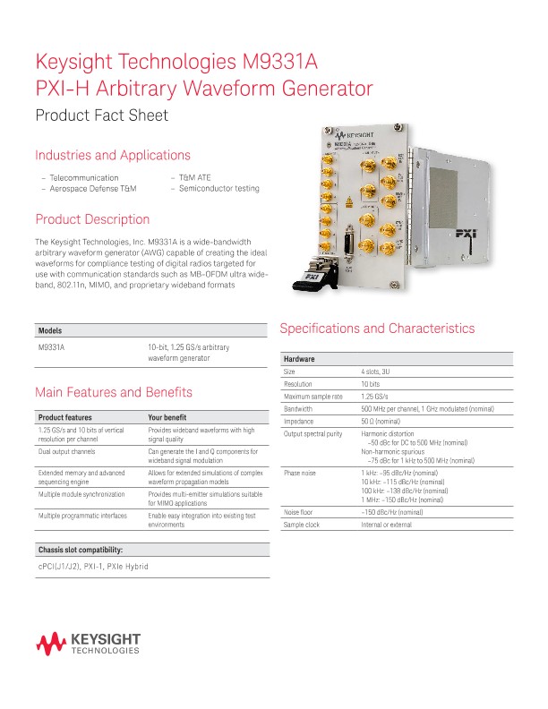 M9331A PXI-H Arbitrary Waveform Generator – Product Fact Sheet