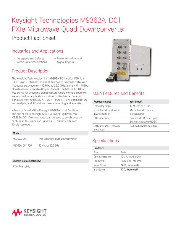 M9362A-D01 PXIe Microwave Quad Downconverter Flyer