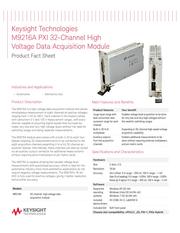 M9216A PXI 32-Channel High Voltage Data Acquisition Module
