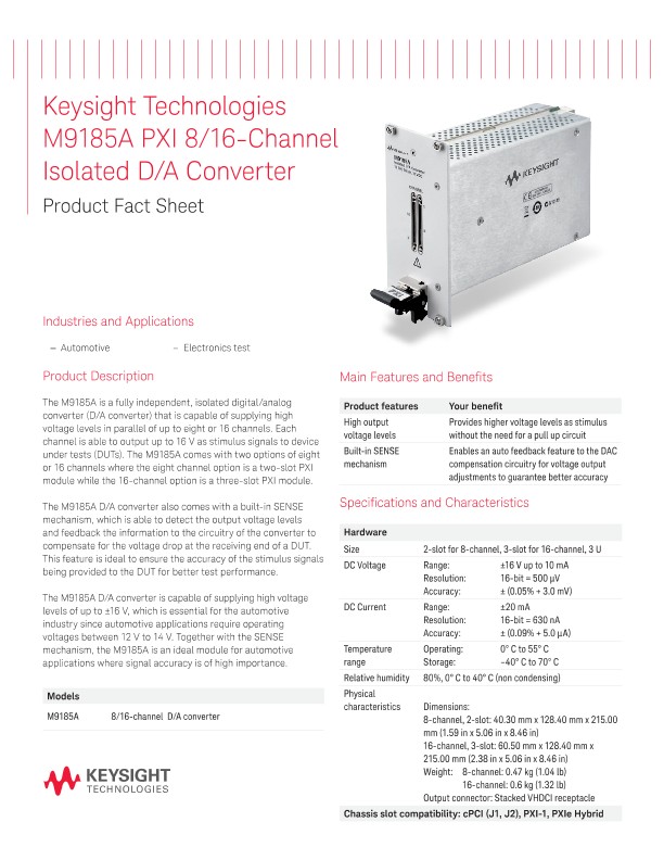 M9185A PXI 8/16-Channel Isolated D/A Converter