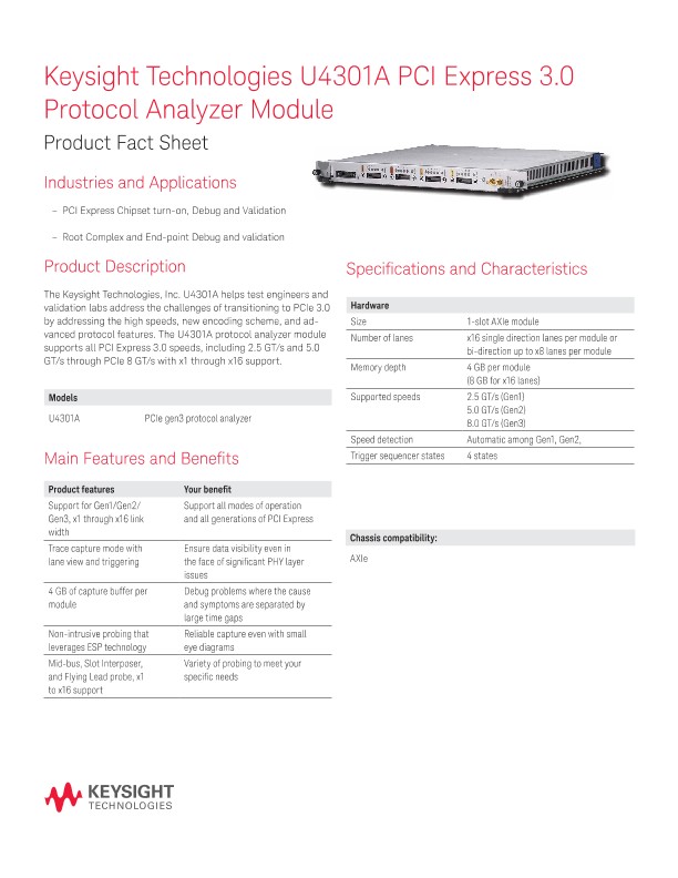 U4301A PCI Express 3.0 Protocol Analyzer Module – Product Fact Sheet
