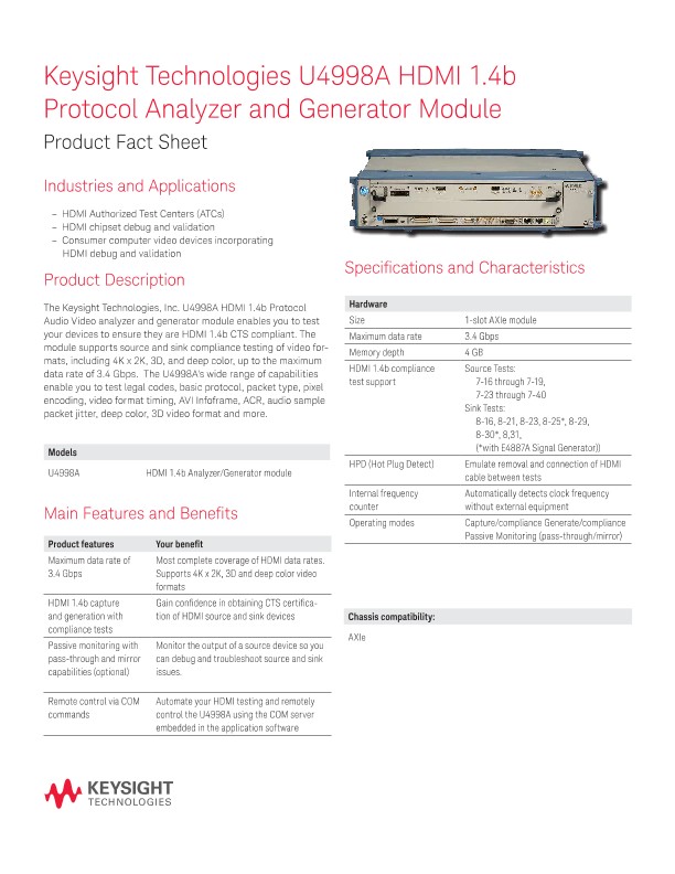 U4998A HDMI 1.4b Protocol Analyzer and Generator Module – Product Fact Sheet