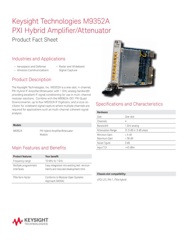 M9352A PXI Hybrid Amplifier/Attenuator – Product Fact Sheet
