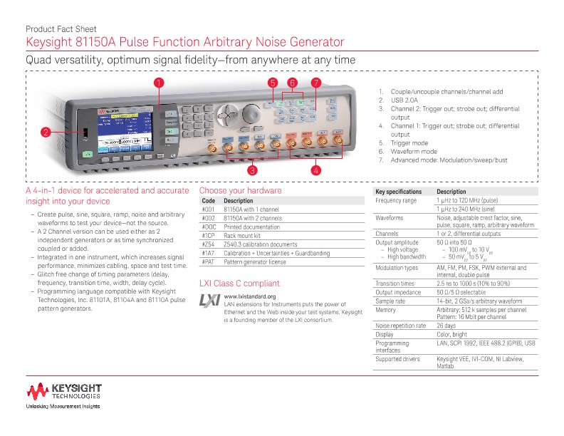 81150A Pulse Function Arbitrary Noise Generator – Product Fact Sheet