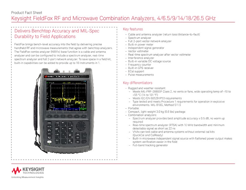 FieldFox RF and Microwave Combination Analyzers, 4/6.5/9/14/18/26.5 GHz