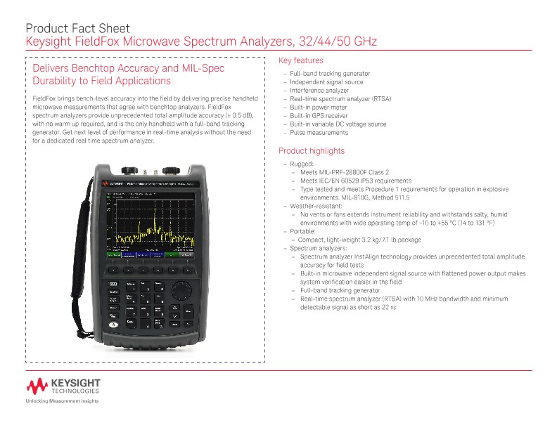 FieldFox Microwave Spectrum Analyzers, 32/44/50 GHz – Product Fact Sheet
