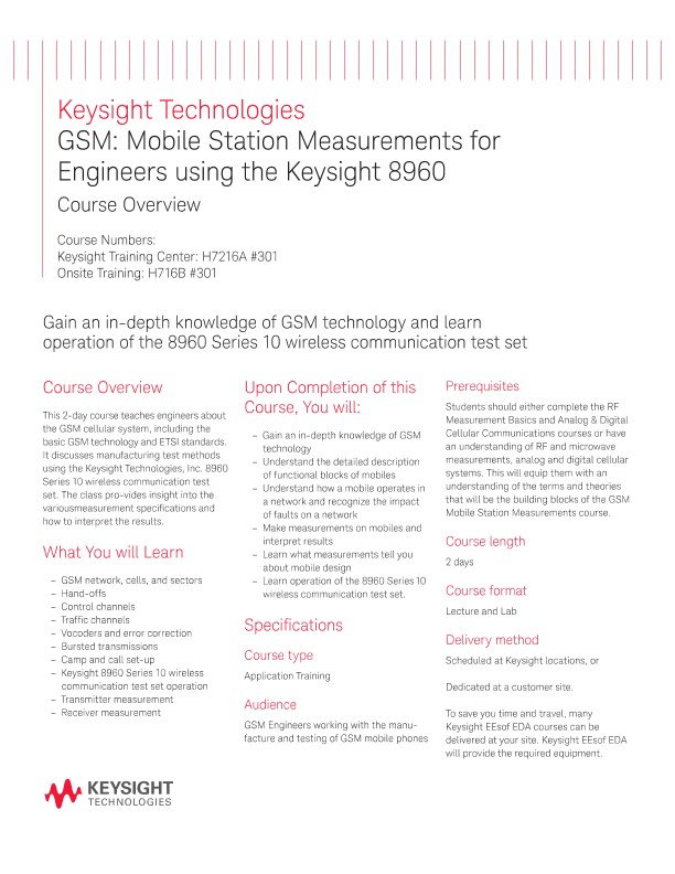 GSM: Mobile Station Measurements for Engineers using the Keysight 8960 - Course Overview