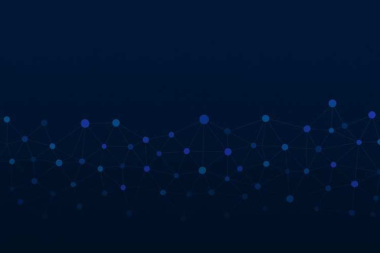 Abstract dark-blue background with interconnected nodes and lines forming a network graph, representing AI workload relationships and data flow.