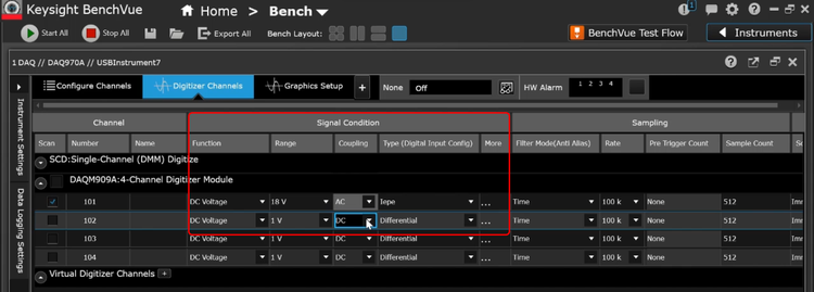 Signal Processing Configuration for Measurement Channels in Benchvue