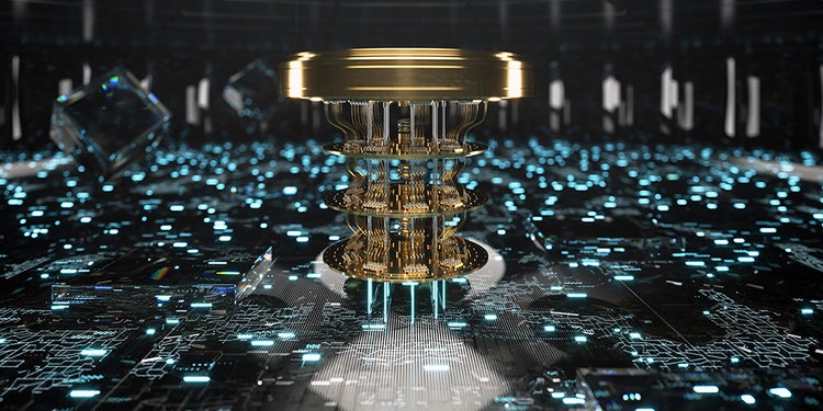 quantum computer with electrical circuits in the chamber 3d render