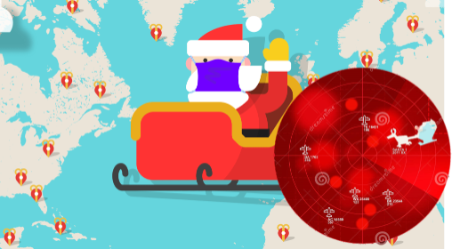 santa in a sleigh on a world map and radar tracking in he corner