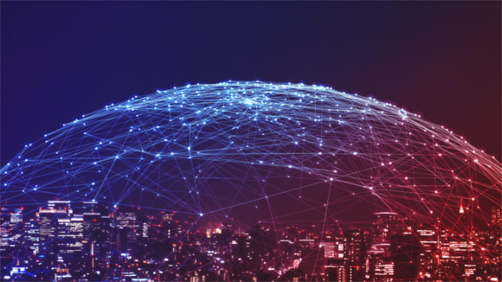 Digitaler Globus der Verbindungen über einer nächtlichen Stadtlandschaft