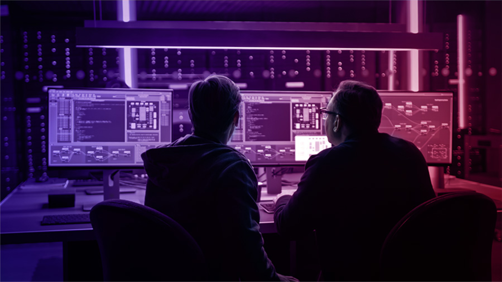 zwei Ingenieure vor Computerbildschirmen