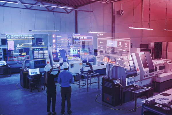 Factory workers using Keysight PathWave Manufacturing Analytics