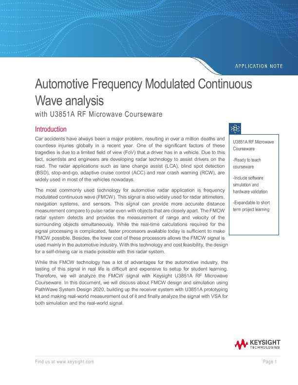 Automotive FMCW Radar Analysis with U3851A RFMW Courseware