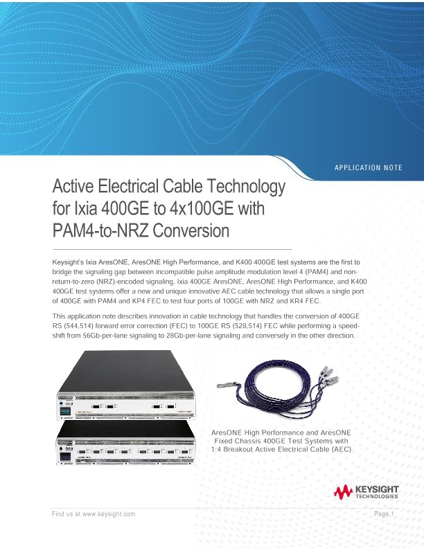 Active Electrical Cable Technology for Keysight 400GE to 4x100GE with PAM4-to-NRZ Conversion
