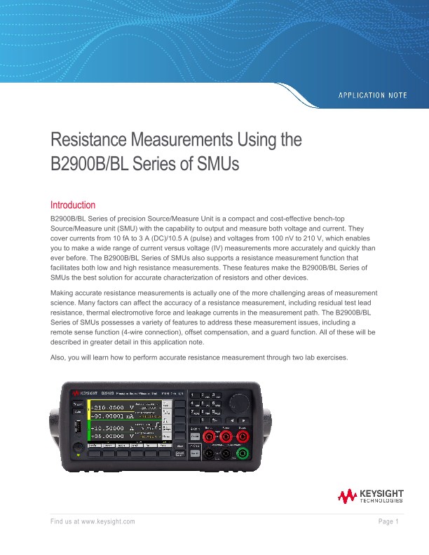 Resistance Measurements Using the B2900B/BL Series of SMUs