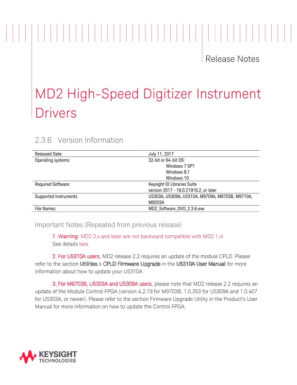 MD2 HIgh Speed Instrument Drivers Release Notes 2.3.6 | Keysight