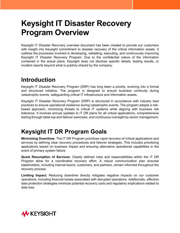 Keysight IT Disaster Recovery Program Overview