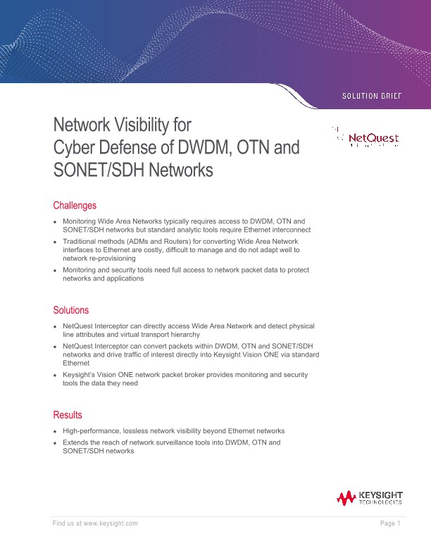 Network Visibility for Cyber Defense of DWDM, OTN and SONET/SDH Networks