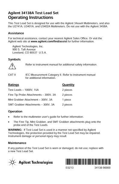 34138A Test Lead Set Operating Manual | Keysight