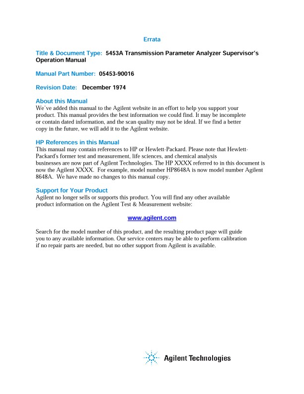 5453A Transmission Parameter Analyzer Installation and Operation Demo Note