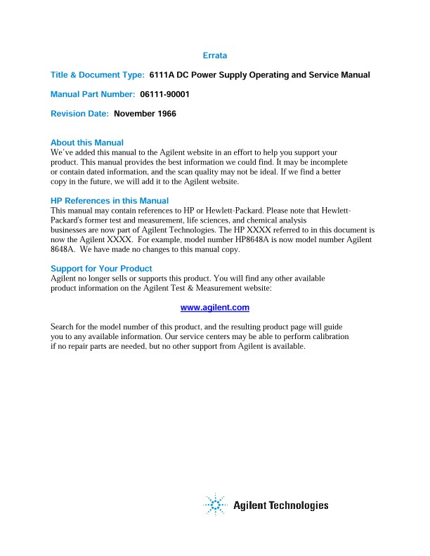 Agilent HP Keysight 06111-90001 6111A Operating and Service Manual 