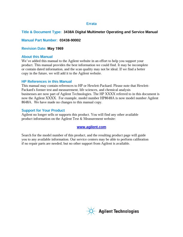 Schematics Service Manual HP 3438A Digital Multimeter Operating 