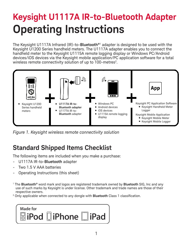 U1117A IR-to-Bluetooth Adapter Operating Instructions | Keysight
