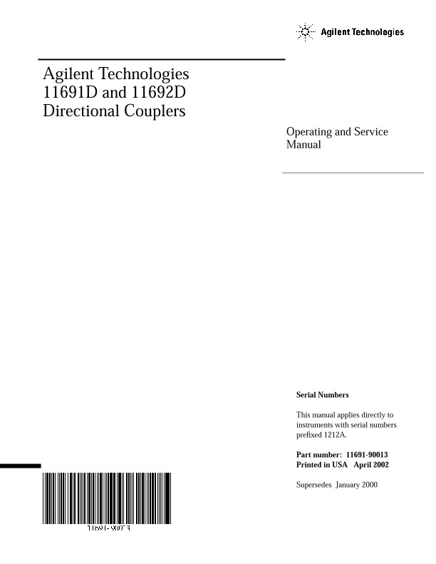 HP 11691D 11692D Directional Coupler Operating & Service Manual 