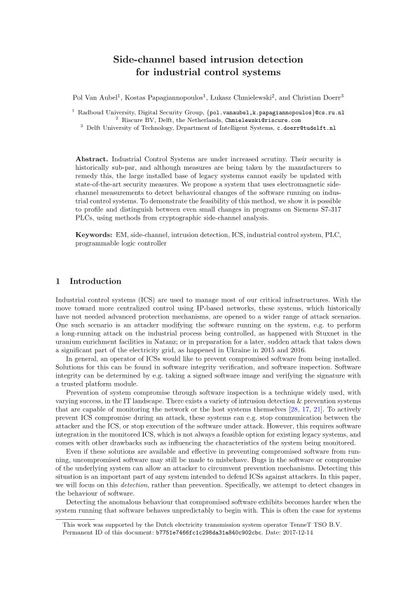 Side Channel Based Intrusion Detection for Industrial Control Systems