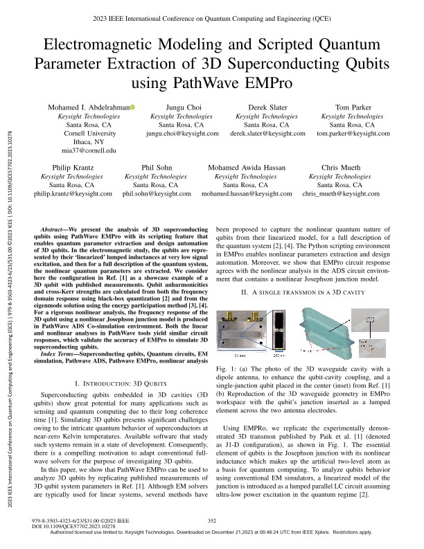 Electromagnetic Modeling and Scripted Quantum Parameter Extraction of 3D Superconducting Qubits Using PathWave EMPro