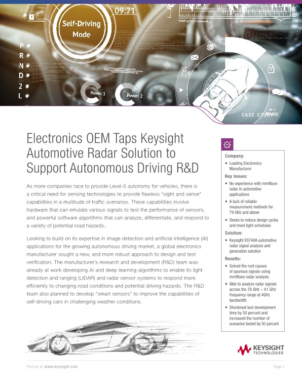 Electronics OEM Taps Keysight Automotive Radar Solution to Support Autonomous Driving R&D
