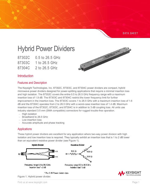 Hybrid Power Dividers 87302C 0.5 to 26.5 GHz / 87303C 1 to 26.5 GHz / 87304C 2 to 26.5 GHz 
