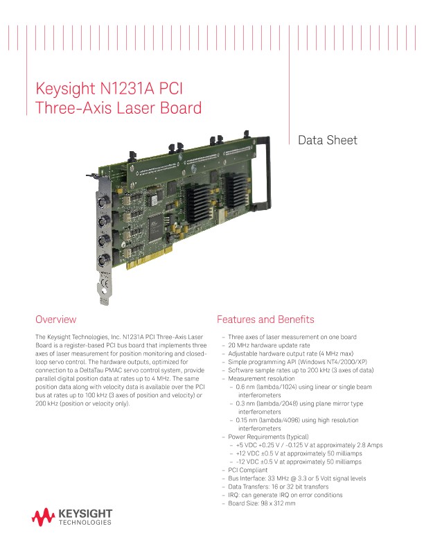 N1231A PCI Three-Axis Laser Board