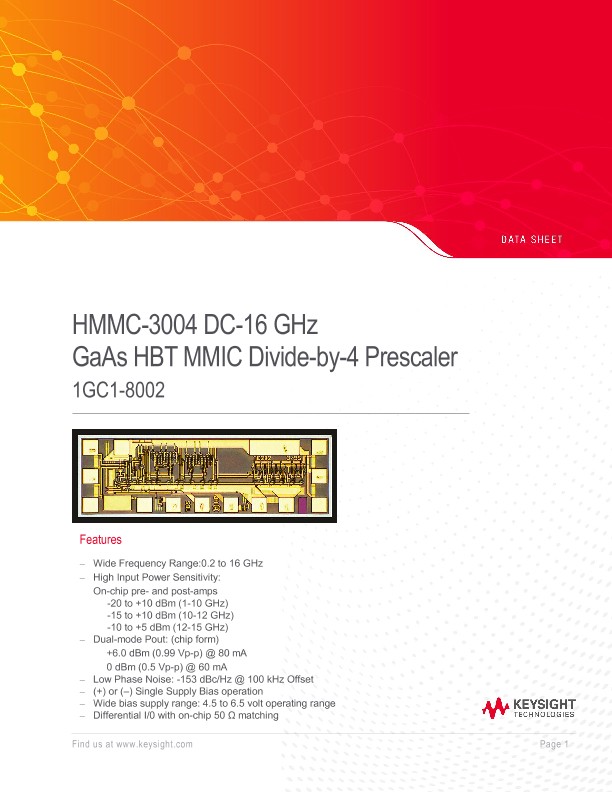 HMMC—3004 DC-16 GHz GaAs HBT MMIC Divide-by-4 Prescaler 