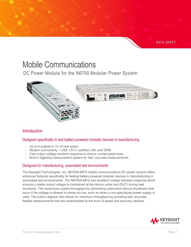N6783A-MFG Mobile Communications DC Power Module for the N6700 Modular Power System 