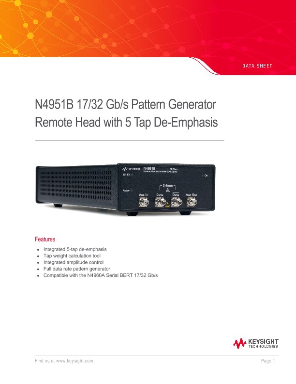 N4951B 17/32 Gb/s Pattern Generator Remote Head with 5 Tap De-Emphasis