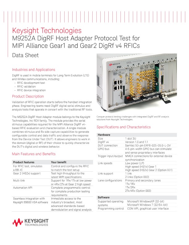 M9252A DigRF Host Adapter Protocol Test for MIPI Alliance Gear1 and Gear2 DigRf v4 RFICs