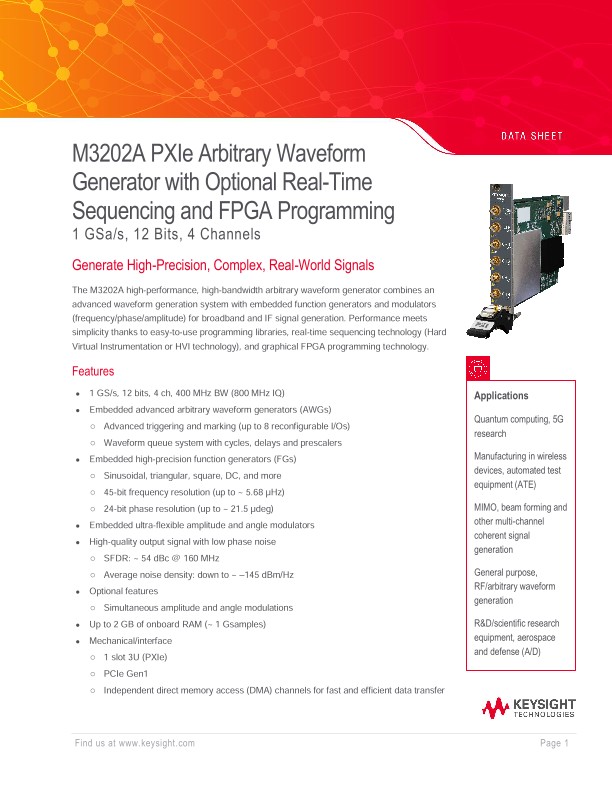 M3202A PXIe Arbitrary Waveform Generator with Optional Real-Time Sequencing and FPGA Programming