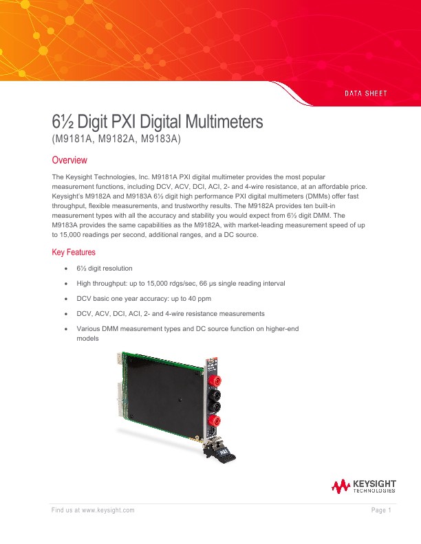 6½ Digit PXI Digital Multimeters (M9181A, M9182A, M9183A)