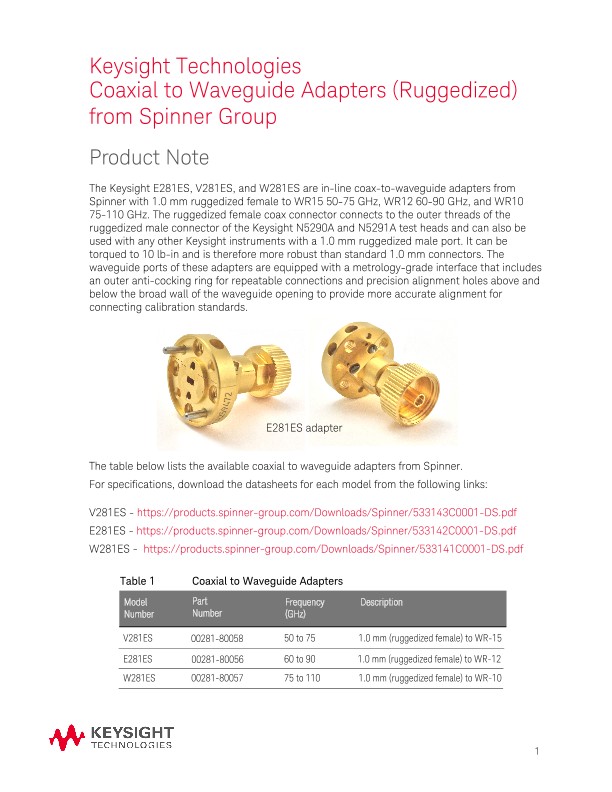 Keysight Technologies Coaxial to Waveguide Adapters (Ruggedized) from Spinner Group