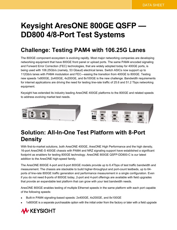 Keysight AresONE 800GE QSFP — DD800 4-Port Test System