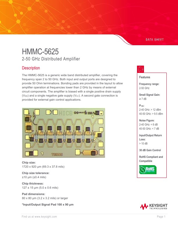 HMMC-5625 – 2-50 GHz Distributed Amplifier